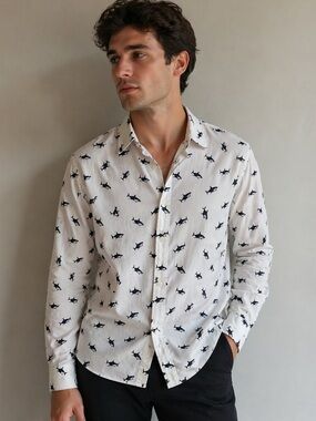 Nicole Miller Studio Shark Print Button Up Shirt XL Long Sleeve Novelty Coastal